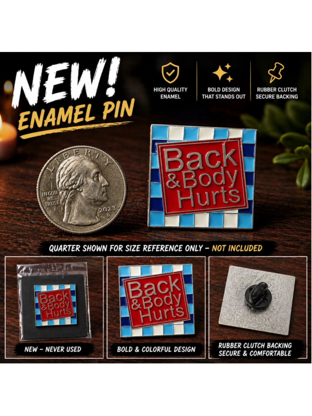 Funny Back & Body Hurts Enamel Pin Bath Body Style Parody Humor NEW